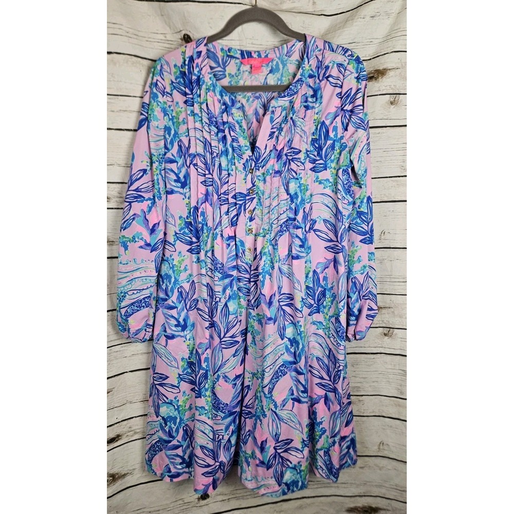 Lilly Pulitzer Pleated Swing Shirt Dress M Pink Blue Floral Balloon Sleeves